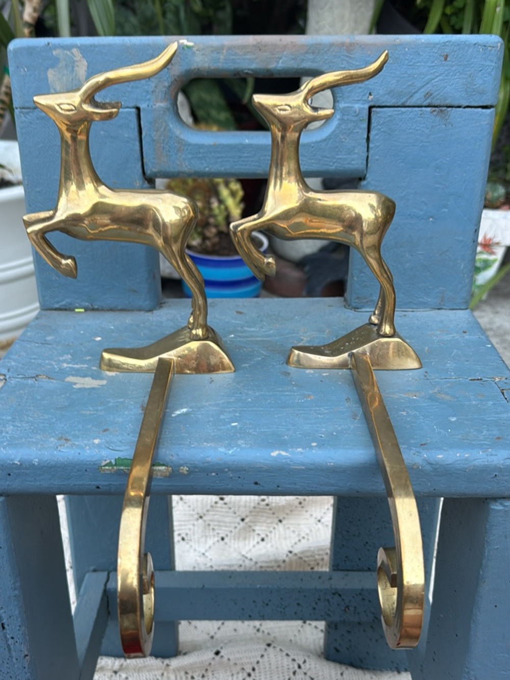 VINTAGE SOLID BRASS REINDEER - LONG ARM STOCKING HOLDERS - PAIR